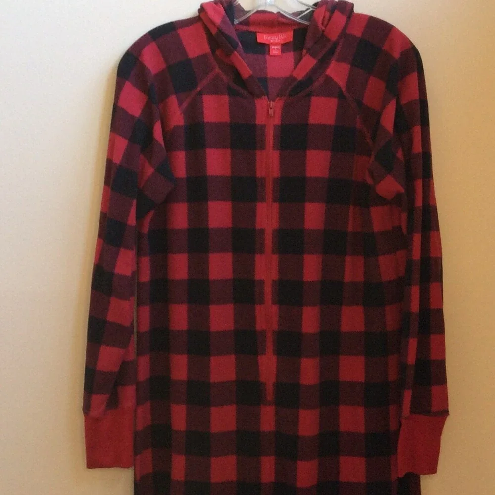 FAMILY PJS MACYS WOMENS SMALL HOODED ONE PIECE PAJAMA RED BLACK PLAID FLANNEL